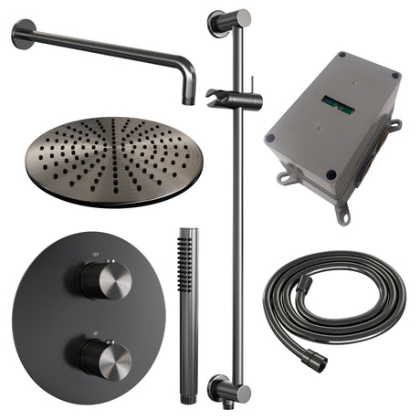 BRAUER Gunmetal Carving thermostatische inbouw regendouche 3-weg rond SET 88 met 30 cm douchekop en gebogen muurarm en staaf handdouche en doucheslang en geÃ¯ntegreerde glijstang gunmetal geborsteld PVD 5-GM-306