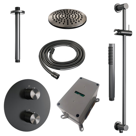 BRAUER Gunmetal Carving thermostatische inbouw regendouche 3-weg rond SET 89 met 20 cm douchekop en plafondarm en staaf handdouche en doucheslang en geÃ¯ntegreerde glijstang gunmetal geborsteld PVD 5-GM-307