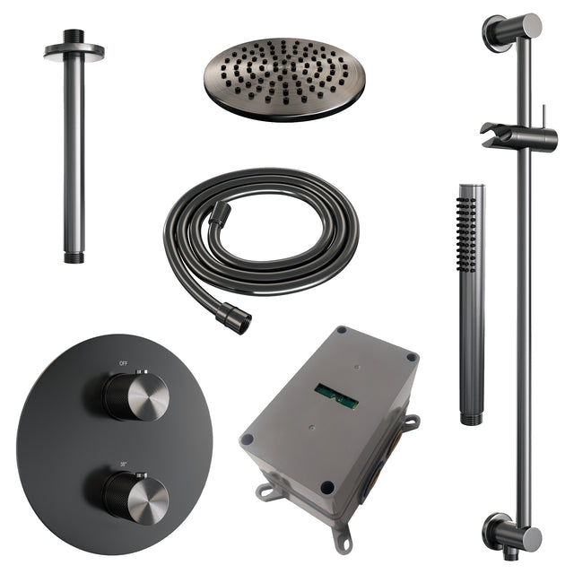 BRAUER Gunmetal Carving thermostatische inbouw regendouche 3-weg rond SET 89 met 20 cm douchekop en plafondarm en staaf handdouche en doucheslang en geÃ¯ntegreerde glijstang gunmetal geborsteld PVD 5-GM-307