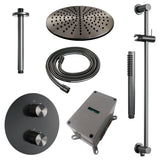 BRAUER Gunmetal Carving thermostatische inbouw regendouche 3-weg rond SET 90 met 30 cm douchekop en plafondarm en staaf handdouche en doucheslang en geÃ¯ntegreerde glijstang gunmetal geborsteld PVD 5-GM-308