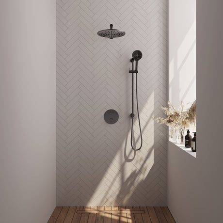 BRAUER Gunmetal Carving thermostatische inbouw regendouche 3-weg rond SET 92 met 30 cm douchekop en rechte muurarm en 3-standen handdouche en doucheslang en geÃ¯ntegreerde glijstang gunmetal geborsteld PVD 5-GM-310