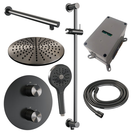 BRAUER Gunmetal Carving thermostatische inbouw regendouche 3-weg rond SET 92 met 30 cm douchekop en rechte muurarm en 3-standen handdouche en doucheslang en geÃ¯ntegreerde glijstang gunmetal geborsteld PVD 5-GM-310