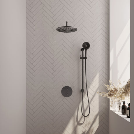 BRAUER Gunmetal Carving thermostatische inbouw regendouche 3-weg rond SET 94 met 30 cm douchekop en gebogen muurarm en 3-standen handdouche en doucheslang en geÃ¯ntegreerde glijstang gunmetal geborsteld PVD 5-GM-312