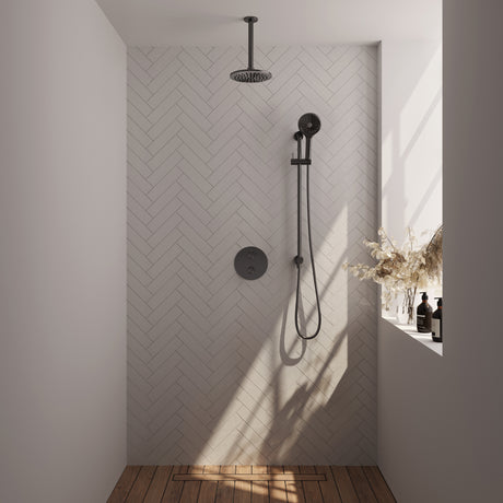 BRAUER Gunmetal Carving thermostatische inbouw regendouche 3-weg rond SET 95 met 20 cm douchekop en plafondarm en 3-standen handdouche en doucheslang en geÃ¯ntegreerde glijstang gunmetal geborsteld PVD 5-GM-313