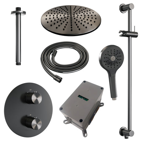 BRAUER Gunmetal Carving thermostatische inbouw regendouche 3-weg rond SET 96 met 30 cm douchekop en plafondarm en 3-standen handdouche en doucheslang en geÃ¯ntegreerde glijstang gunmetal geborsteld PVD 5-GM-314