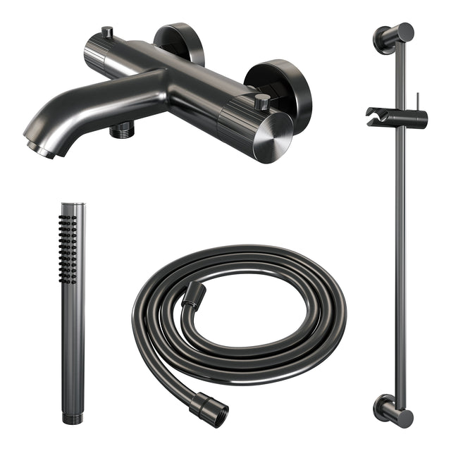BRAUER Stripe opbouw baddouche thermostaatkraan SET 01 met glijstang en staaf handdouche en doucheslang gunmetal geborsteld PVD 5-GM-340
