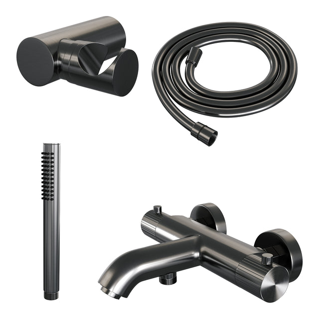 BRAUER Stripe opbouw baddouche thermostaatkraan SET 03 met wandhouder en staaf handdouche en doucheslang gunmetal geborsteld PVD 5-GM-342