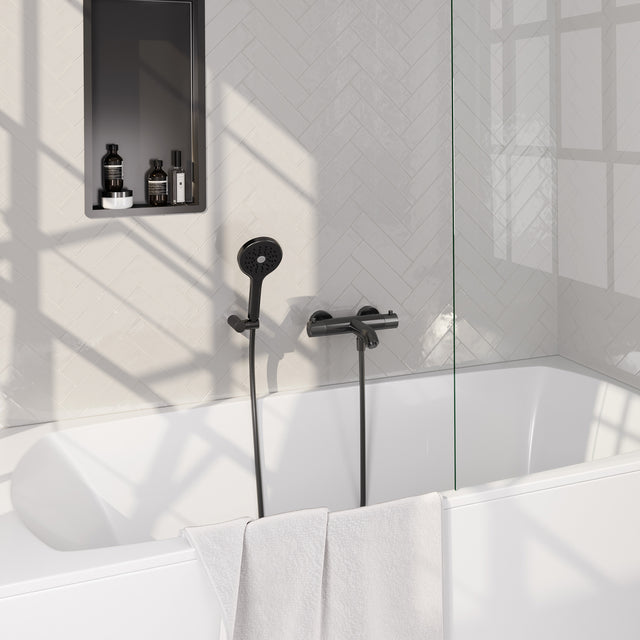 BRAUER Stripe opbouw baddouche thermostaatkraan SET 04 met wandhouder en 3-standen handdouche en doucheslang gunmetal geborsteld PVD 5-GM-343