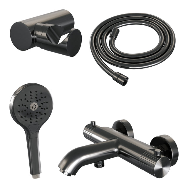 BRAUER Stripe opbouw baddouche thermostaatkraan SET 04 met wandhouder en 3-standen handdouche en doucheslang gunmetal geborsteld PVD 5-GM-343