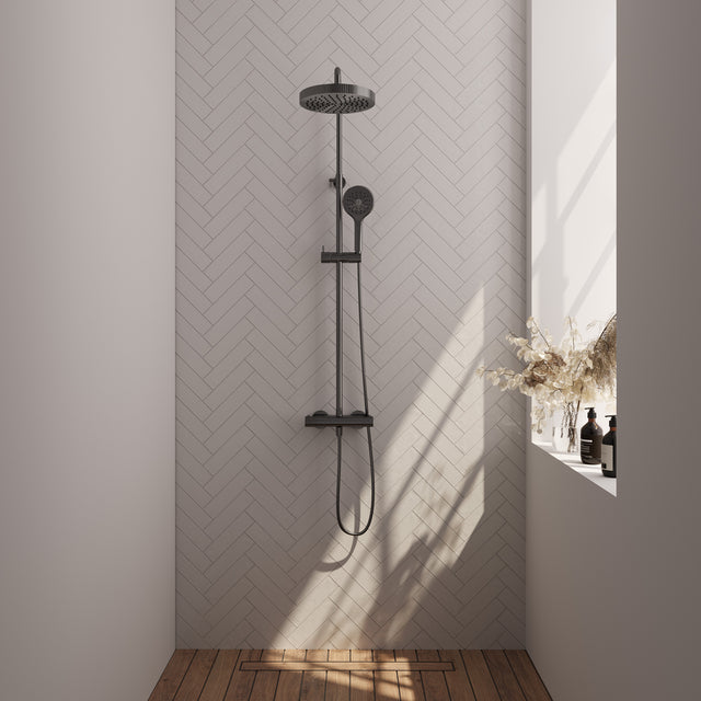 BRAUER Stripe opbouw thermostatische regendouche SET 02 met 25 cm hoofddouche en 3-standen handdouche en doucheslang gunmetal geborsteld PVD 5-GM-349