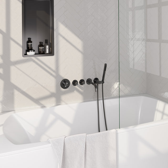 BRAUER Stripe thermostatische inbouw badkraan SET 01 met uitloop en staaf handdouche en doucheslang en wandaansluitbocht gunmetal geborsteld PVD 5-GM-357