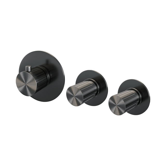 BRAUER Stripe thermostatische inbouw badkraan SET 01 met uitloop en staaf handdouche en doucheslang en wandaansluitbocht gunmetal geborsteld PVD 5-GM-357