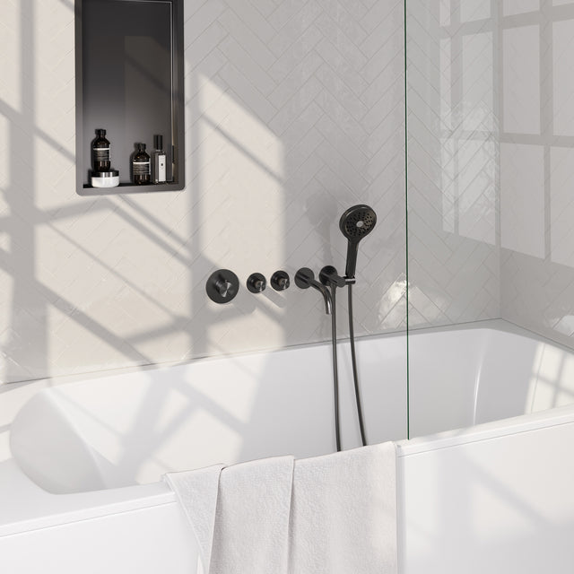 BRAUER Stripe thermostatische inbouw badkraan SET 02 met uitloop en 3-standen handdouche en doucheslang en wandaansluitbocht gunmetal geborsteld PVD 5-GM-358