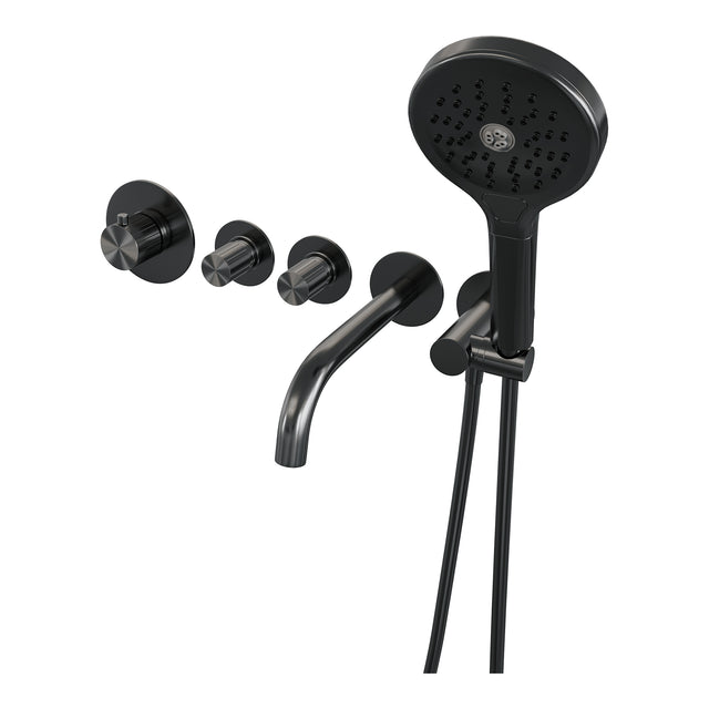 BRAUER Stripe thermostatische inbouw badkraan SET 02 met uitloop en 3-standen handdouche en doucheslang en wandaansluitbocht gunmetal geborsteld PVD 5-GM-358