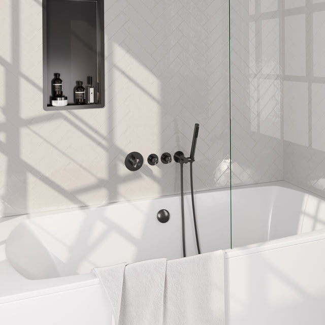 BRAUER Stripe thermostatische inbouw badkraan SET 01 met badvulcombinatie en staaf handdouche en doucheslang en wandaansluitbocht gunmetal geborsteld PVD 5-GM-359