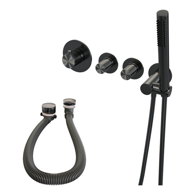 BRAUER Stripe thermostatische inbouw badkraan SET 01 met badvulcombinatie en staaf handdouche en doucheslang en wandaansluitbocht gunmetal geborsteld PVD 5-GM-359