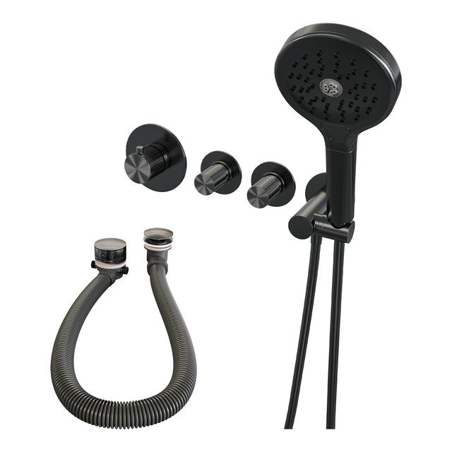 BRAUER Stripe thermostatische inbouw badkraan SET 02 met badvulcombinatie en 3-standen handdouche en doucheslang en wandaansluitbocht gunmetal geborsteld PVD 5-GM-360