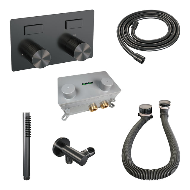 BRAUER Stripe thermostatische inbouw badkraan met drukknoppen SET 03 met badvulcombinatie en staaf handdouche en doucheslang en wandaansluitbocht gunmetal geborsteld PVD 5-GM-361