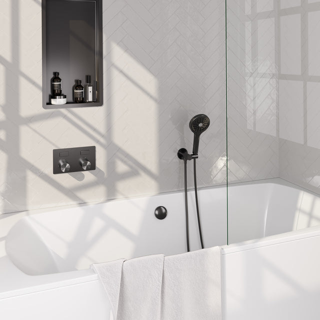 BRAUER Stripe thermostatische inbouw badkraan met drukknoppen SET 04 met badvulcombinatie en 3-standen handdouche en doucheslang en wandaansluitbocht gunmetal geborsteld PVD 5-GM-362