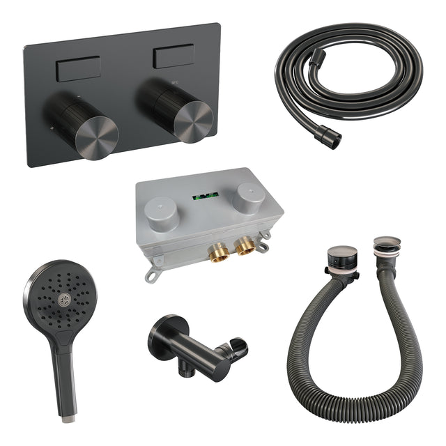 BRAUER Stripe thermostatische inbouw badkraan met drukknoppen SET 04 met badvulcombinatie en 3-standen handdouche en doucheslang en wandaansluitbocht gunmetal geborsteld PVD 5-GM-362