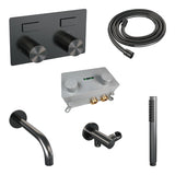 BRAUER Stripe thermostatische inbouw badkraan met drukknoppen SET 03 met uitloop en staaf handdouche en doucheslang en wandaansluitbocht gunmetal geborsteld PVD 5-GM-363