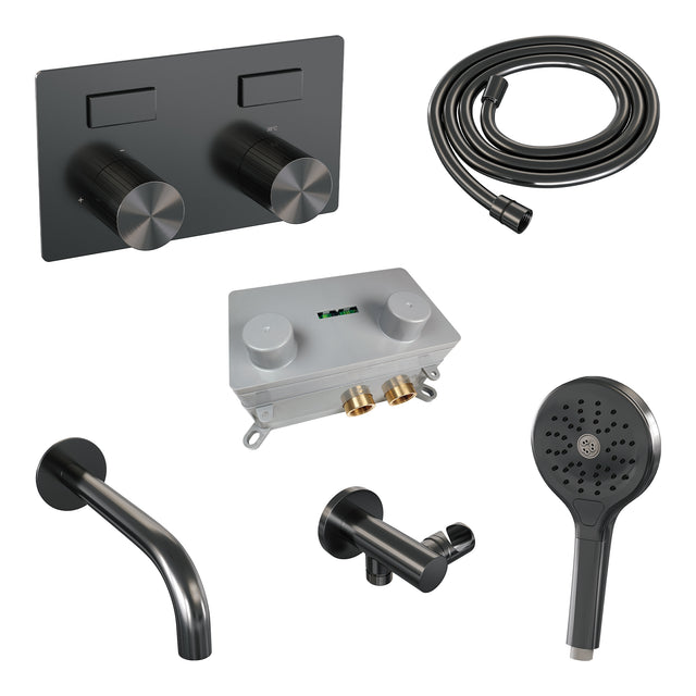 BRAUER Stripe thermostatische inbouw badkraan met drukknoppen SET 04 met uitloop en 3-standen handdouche en doucheslang en wandaansluitbocht gunmetal geborsteld PVD 5-GM-364