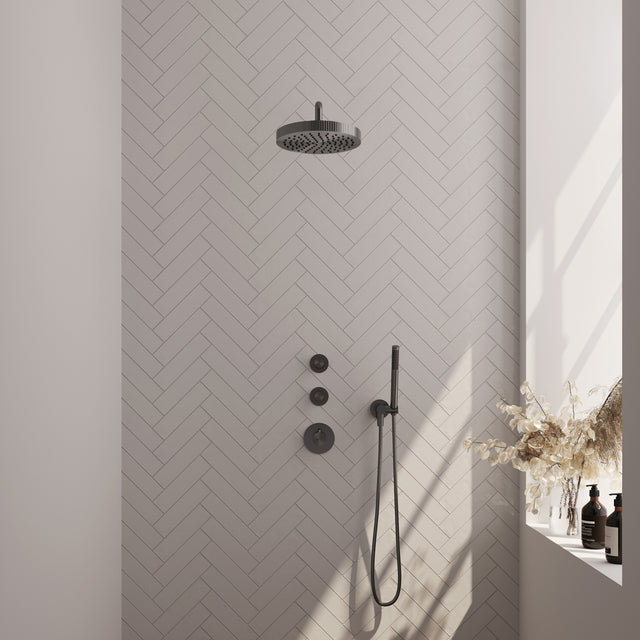 BRAUER Stripe thermostatische inbouw regendouche SET 02 met 25 cm douchekop en gebogen muurarm en staaf handdouche en doucheslang en wandaansluitbocht gunmetal geborsteld PVD 5-GM-367