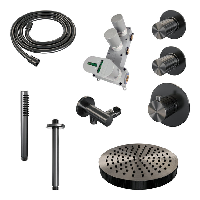 BRAUER Stripe thermostatische inbouw regendouche SET 03 met 25 cm douchekop en plafondarm en staaf handdouche en doucheslang en wandaansluitbocht gunmetal geborsteld PVD 5-GM-369