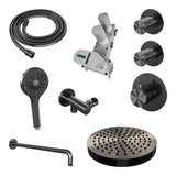 BRAUER Stripe thermostatische inbouw regendouche SET 05 met 25 cm douchekop en gebogen muurarm en 3-standen handdouche en doucheslang en wandaansluitbocht gunmetal geborsteld PVD 5-GM-373