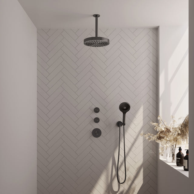 BRAUER Stripe thermostatische inbouw regendouche SET 06 met 25 cm douchekop en plafondarm en 3-standen handdouche en doucheslang en wandaansluitbocht gunmetal geborsteld PVD 5-GM-375