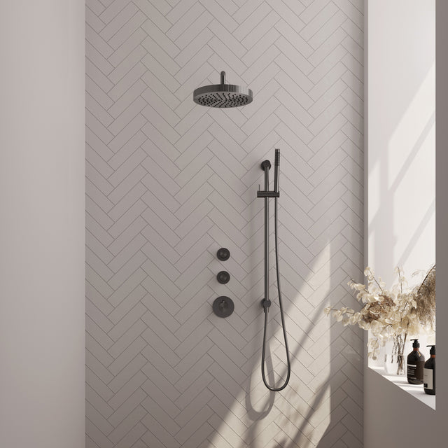 BRAUER Stripe thermostatische inbouw regendouche SET 08 met 25 cm douchekop en gebogen muurarm en staaf handdouche en doucheslang en geïntegreerde glijstang gunmetal geborsteld PVD 5-GM-379