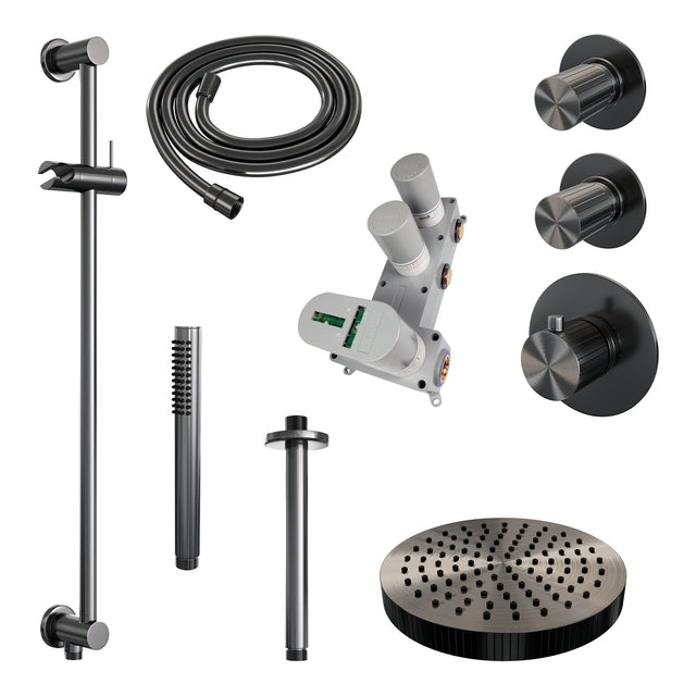 BRAUER Stripe thermostatische inbouw regendouche SET 09 met 25 cm douchekop en plafondarm en staaf handdouche en doucheslang en geïntegreerde glijstang gunmetal geborsteld PVD 5-GM-381