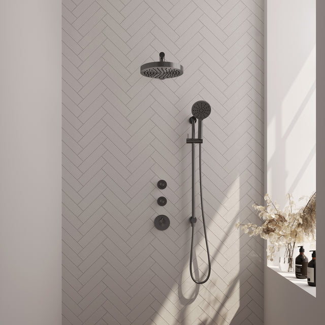 BRAUER Stripe thermostatische inbouw regendouche SET 10 met 25 cm douchekop en rechte muurarm en 3-standen handdouche en doucheslang en geïntegreerde glijstang gunmetal geborsteld PVD 5-GM-383