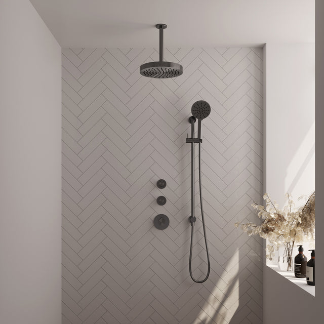 BRAUER Stripe thermostatische inbouw regendouche SET 12 met 25 cm douchekop en plafondarm en 3-standen handdouche en doucheslang en geïntegreerde glijstang gunmetal geborsteld PVD 5-GM-387