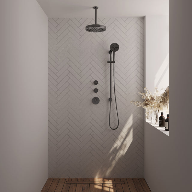 BRAUER Stripe thermostatische inbouw regendouche SET 12 met 25 cm douchekop en plafondarm en 3-standen handdouche en doucheslang en geïntegreerde glijstang gunmetal geborsteld PVD 5-GM-387