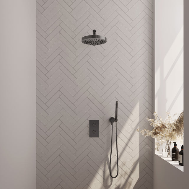 BRAUER Stripe thermostatische inbouw regendouche 3-weg rechthoekig SET 13 met 25 cm douchekop en rechte muurarm en staaf handdouche en doucheslang en wandaansluitbocht gunmetal geborsteld PVD 5-GM-389