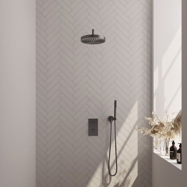 BRAUER Stripe thermostatische inbouw regendouche 3-weg rechthoekig SET 14 met 25 cm douchekop en gebogen muurarm en staaf handdouche en doucheslang en wandaansluitbocht gunmetal geborsteld PVD 5-GM-391