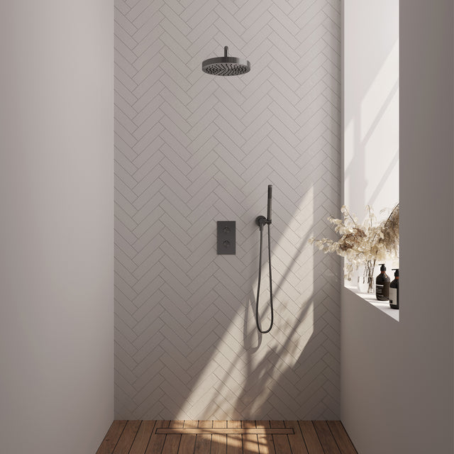BRAUER Stripe thermostatische inbouw regendouche 3-weg rechthoekig SET 14 met 25 cm douchekop en gebogen muurarm en staaf handdouche en doucheslang en wandaansluitbocht gunmetal geborsteld PVD 5-GM-391