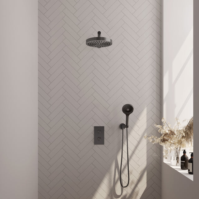 BRAUER Stripe thermostatische inbouw regendouche 3-weg rechthoekig SET 16 met 25 cm douchekop en rechte muurarm en 3-standen handdouche en doucheslang en wandaansluitbocht gunmetal geborsteld PVD 5-GM-395