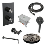 BRAUER Stripe thermostatische inbouw regendouche 3-weg rechthoekig SET 17 met 25 cm douchekop en gebogen muurarm en 3-standen handdouche en doucheslang en wandaansluitbocht gunmetal geborsteld PVD 5-GM-397