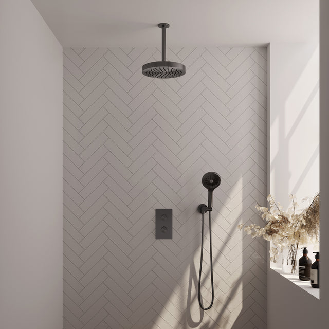 BRAUER Stripe thermostatische inbouw regendouche 3-weg rechthoekig SET 18 met 25 cm douchekop en plafondarm en 3-standen handdouche en doucheslang en wandaansluitbocht gunmetal geborsteld PVD 5-GM-399