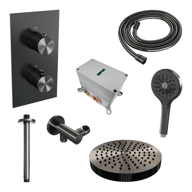 BRAUER Stripe thermostatische inbouw regendouche 3-weg rechthoekig SET 18 met 25 cm douchekop en plafondarm en 3-standen handdouche en doucheslang en wandaansluitbocht gunmetal geborsteld PVD 5-GM-399