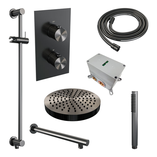 BRAUER Stripe thermostatische inbouw regendouche 3-weg rechthoekig SET 19 met 25 cm douchekop en rechte muurarm en staaf handdouche en doucheslang en geïntegreerde glijstang gunmetal geborsteld PVD 5-GM-401