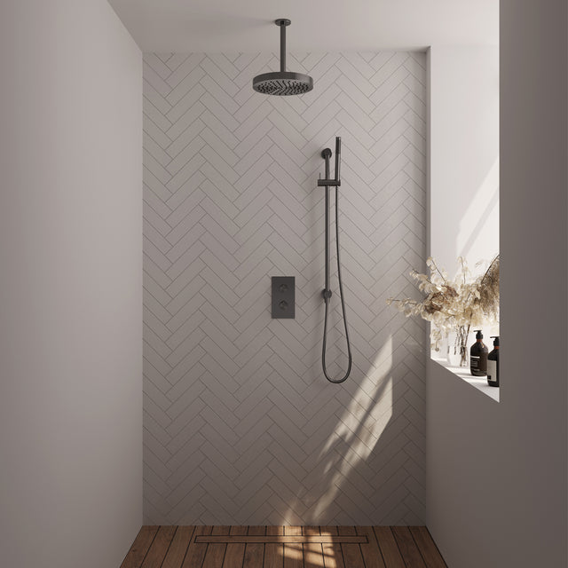 BRAUER Stripe thermostatische inbouw regendouche 3-weg rechthoekig SET 21 met 25 cm douchekop en plafondarm en staaf handdouche en doucheslang en geïntegreerde glijstang gunmetal geborsteld PVD 5-GM-405