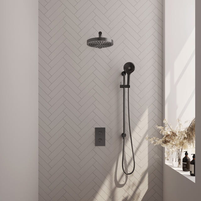 BRAUER Stripe thermostatische inbouw regendouche 3-weg rechthoekig SET 22 met 25 cm douchekop en rechte muurarm en 3-standen handdouche en doucheslang en geïntegreerde glijstang gunmetal geborsteld PVD 5-GM-407