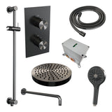 BRAUER Stripe thermostatische inbouw regendouche 3-weg rechthoekig SET 23 met 25 cm douchekop en gebogen muurarm en 3-standen handdouche en doucheslang en geïntegreerde glijstang gunmetal geborsteld PVD 5-GM-409