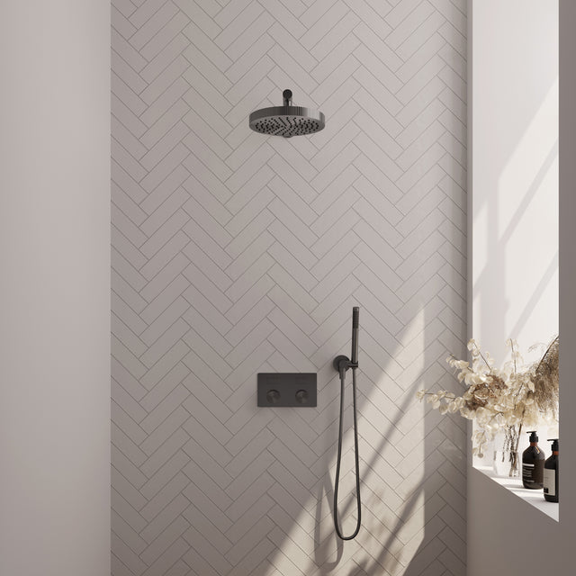 BRAUER Stripe thermostatische inbouw regendouche met drukknoppen SET 25 met 25 cm douchekop en rechte muurarm en staaf handdouche en doucheslang en wandaansluitbocht gunmetal geborsteld PVD 5-GM-413