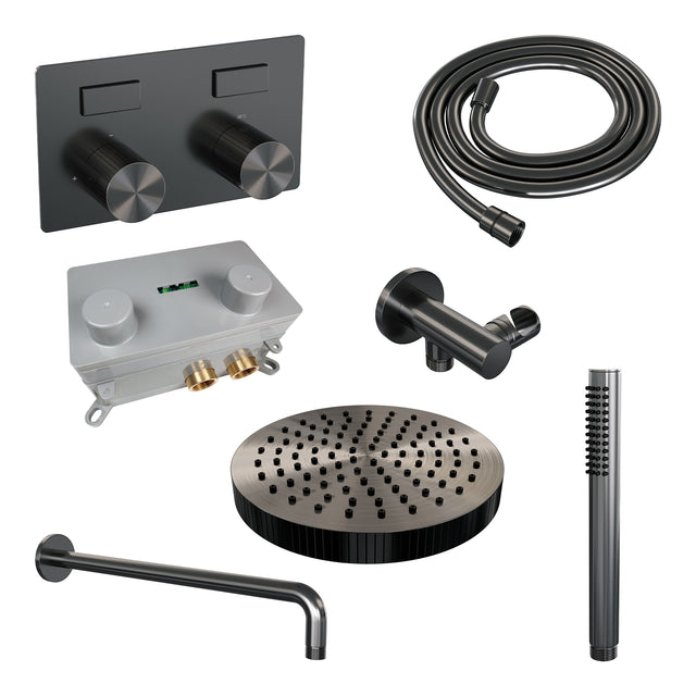 BRAUER Stripe thermostatische inbouw regendouche met drukknoppen SET 26 met 25 cm douchekop en gebogen muurarm en staaf handdouche en doucheslang en wandaansluitbocht gunmetal geborsteld PVD 5-GM-415
