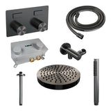 BRAUER Stripe thermostatische inbouw regendouche met drukknoppen SET 27 met 25 cm douchekop en plafondarm en staaf handdouche en doucheslang en wandaansluitbocht gunmetal geborsteld PVD 5-GM-417