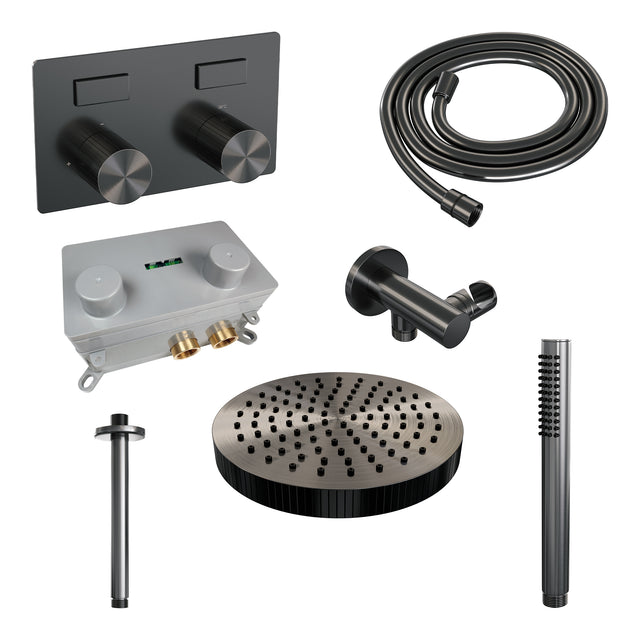 BRAUER Stripe thermostatische inbouw regendouche met drukknoppen SET 27 met 25 cm douchekop en plafondarm en staaf handdouche en doucheslang en wandaansluitbocht gunmetal geborsteld PVD 5-GM-417